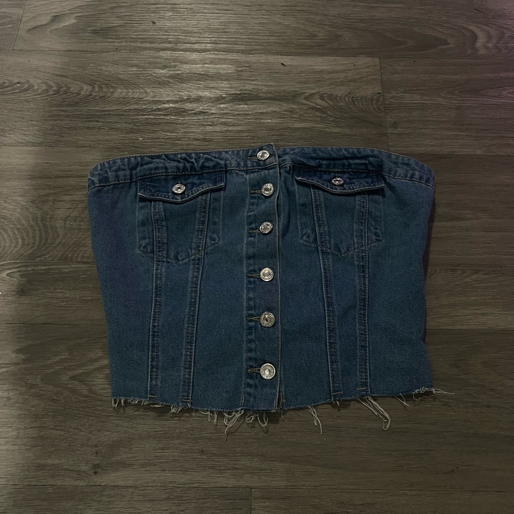 Denim Button-Up Strapless Top